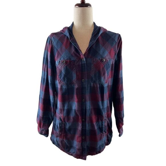 Eddie Bauer Women's Flannel Checkered Hooded Button Up Shacket Large Purple Blue - Picture 1 of 11